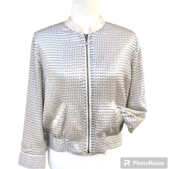 New Club Monaco 100% Silk Sequined Jessica Bomber Jacket Silver Cream Zip Up - Picture 1 of 13